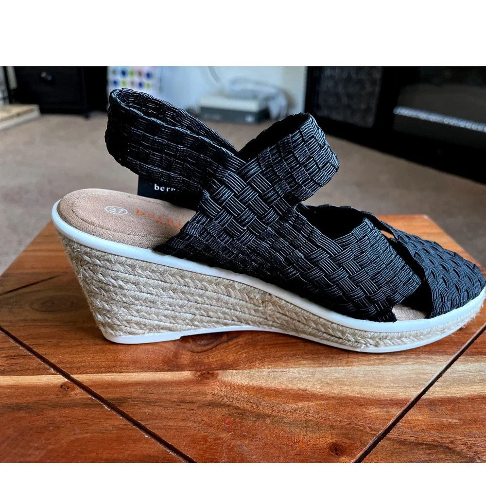 Bernie Mev Espa Buttercup Black Woven Elastic Espadrille Wedge Sandals Size 37/6